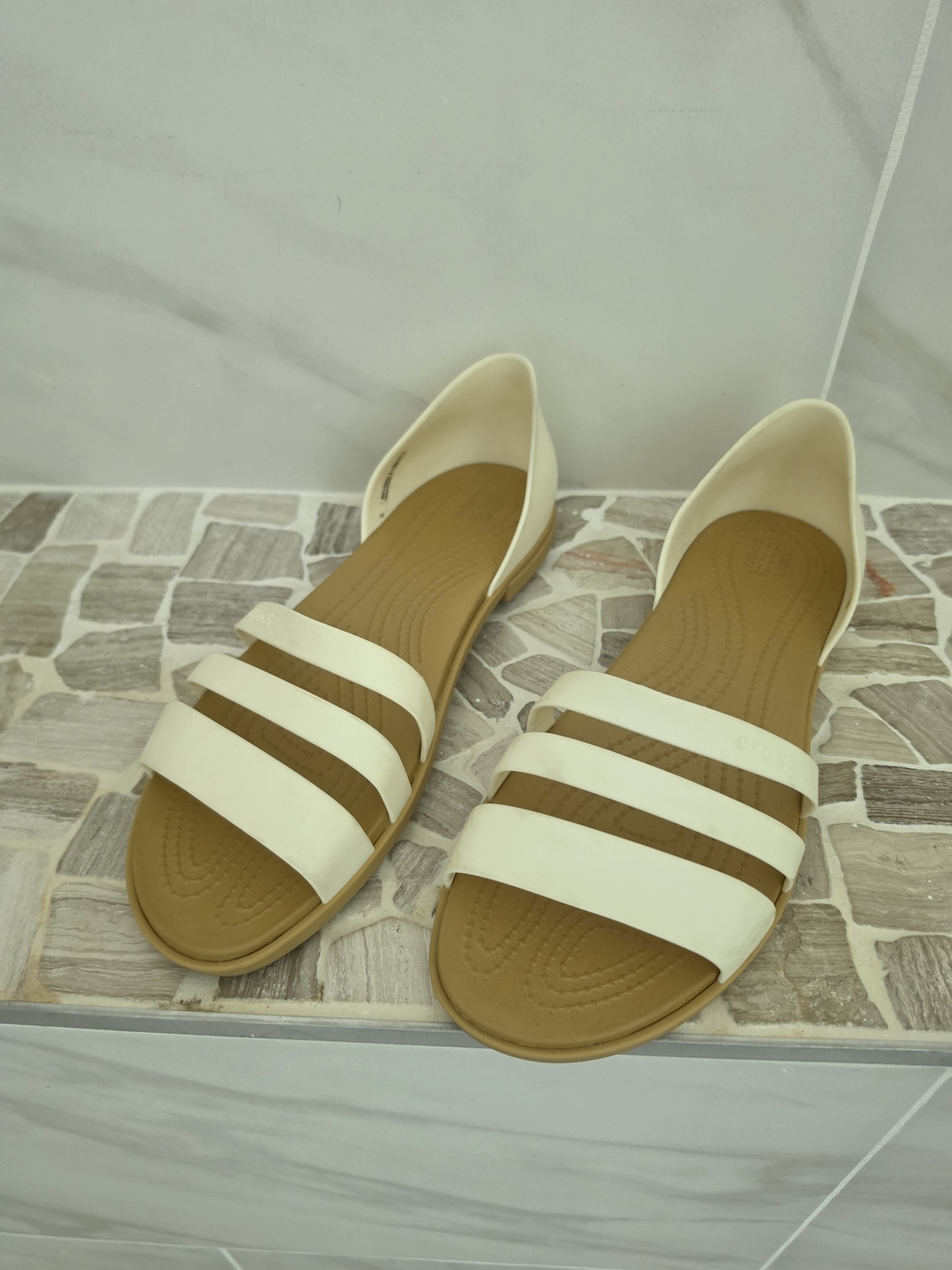 CROCS Women's Cream Triple-Strap Sandals with Tan Footbed